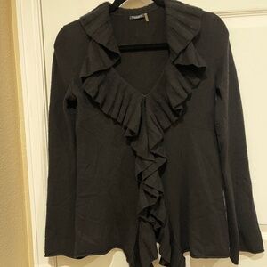 Magaschoni Cashmere Cardigan Women Small Black Sweater Ruffle Waterfall Open Top